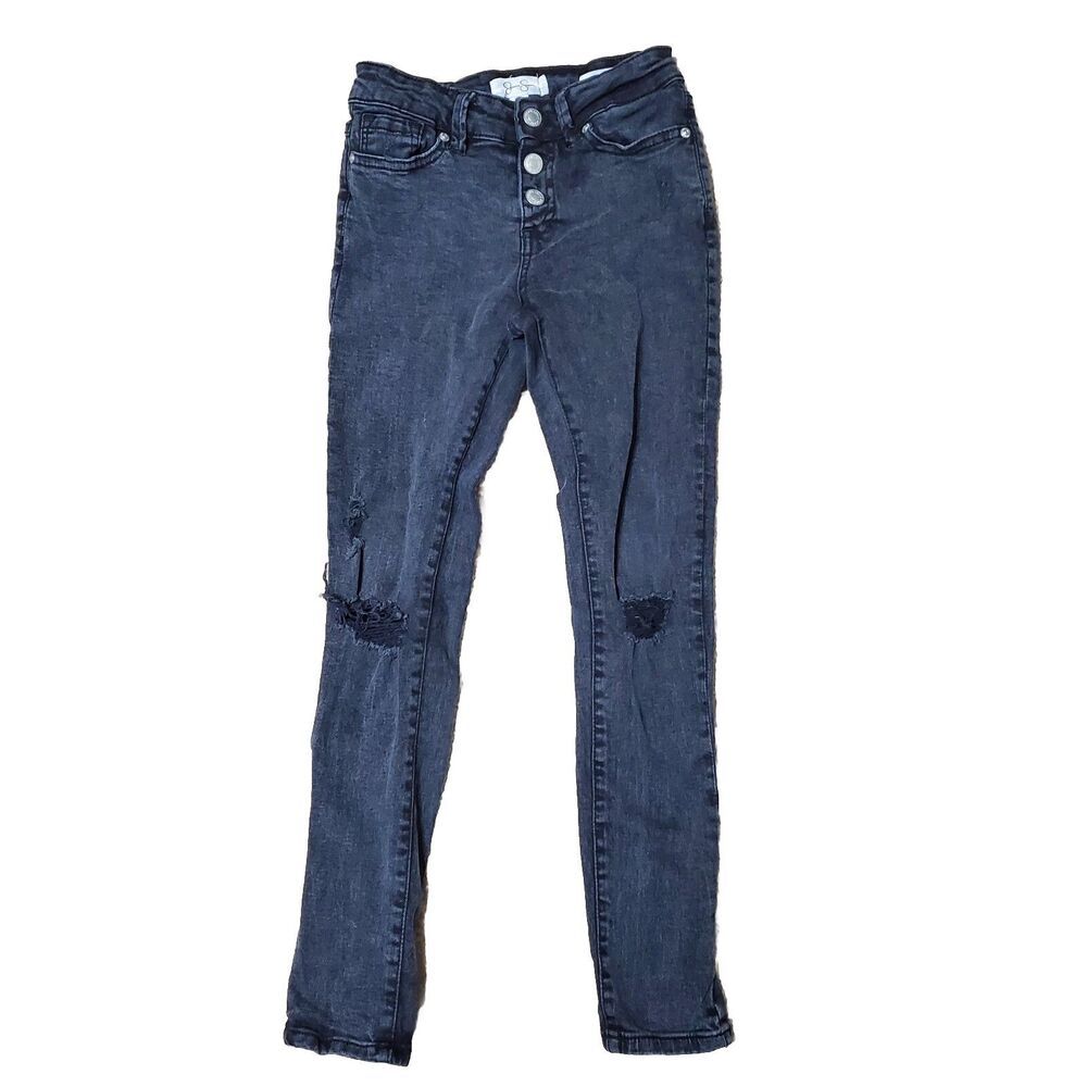 Jessica Simpson Girls Sz 10 Mid-Rise Emma Destructed Skinny Jeans Black Wash